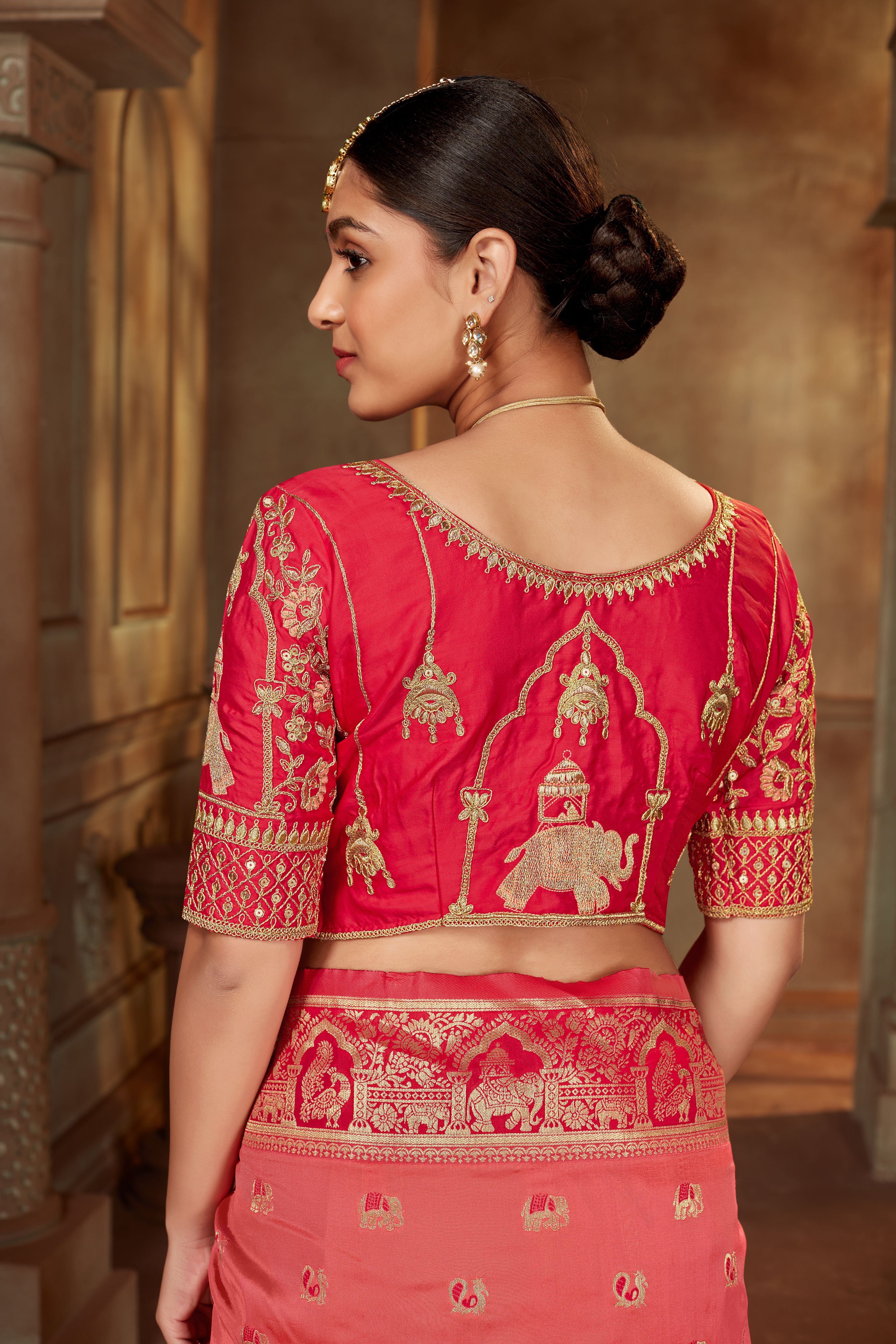 Women's Peach Color Banarasi Silk Woven Tradtional Saree With Heavy work Blouse - Monjolika