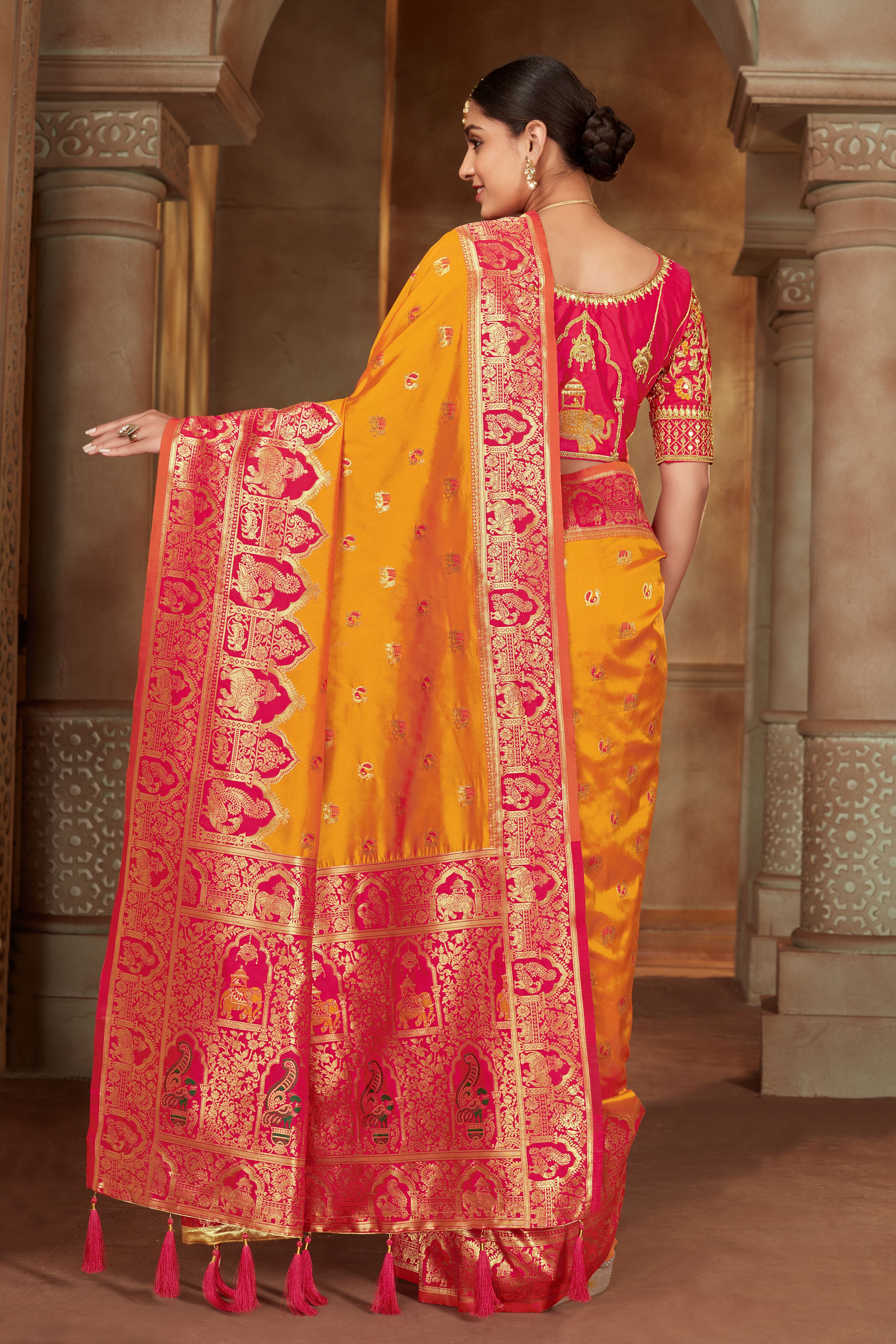 Women's Yellow Color Banarasi Silk Woven Tradtional Saree With Heavy work Blouse - Monjolika