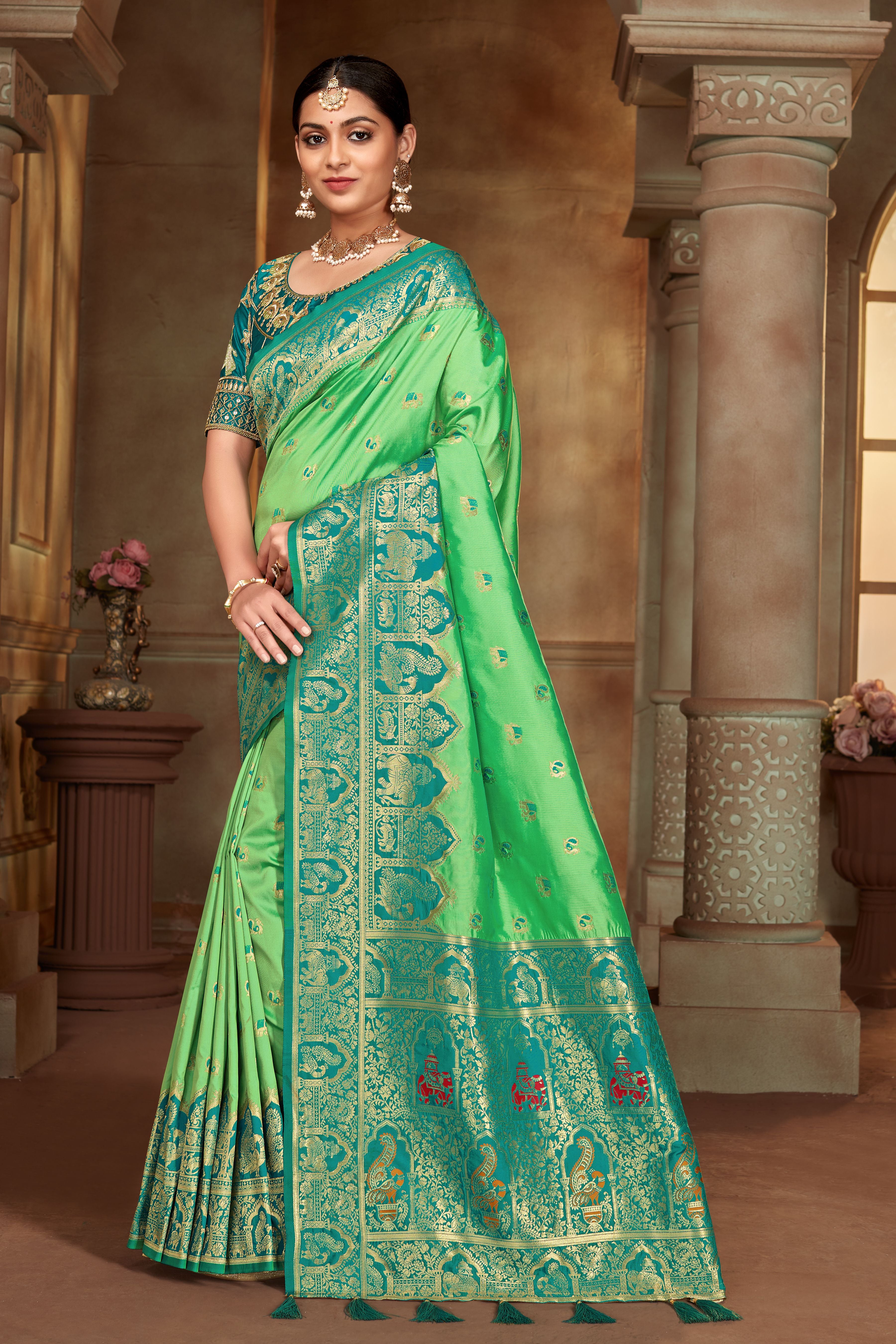 Women's Sea Green Color Banarasi Silk Woven Tradtional Saree With Heavy work Blouse - Monjolika