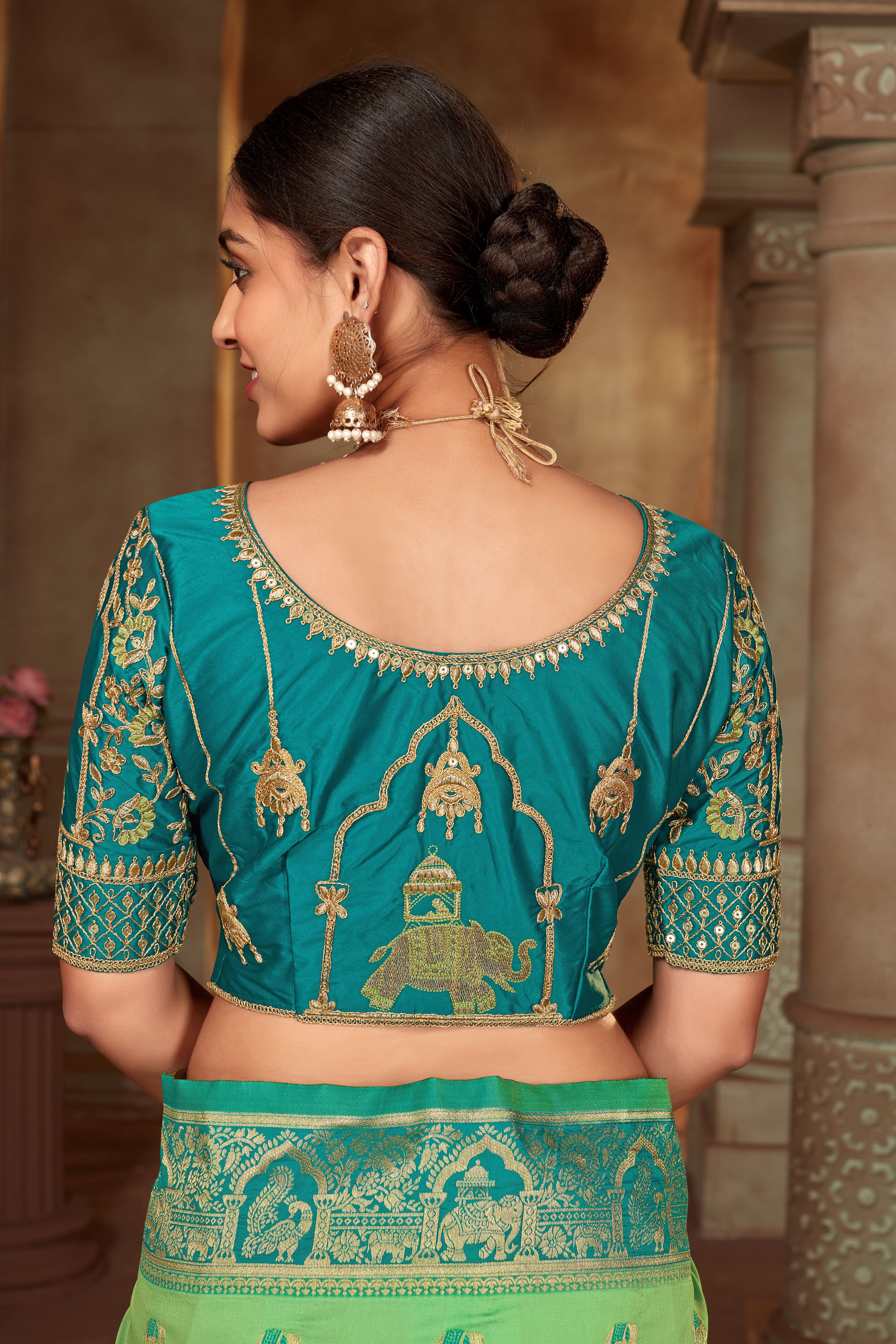 Women's Sea Green Color Banarasi Silk Woven Tradtional Saree With Heavy work Blouse - Monjolika