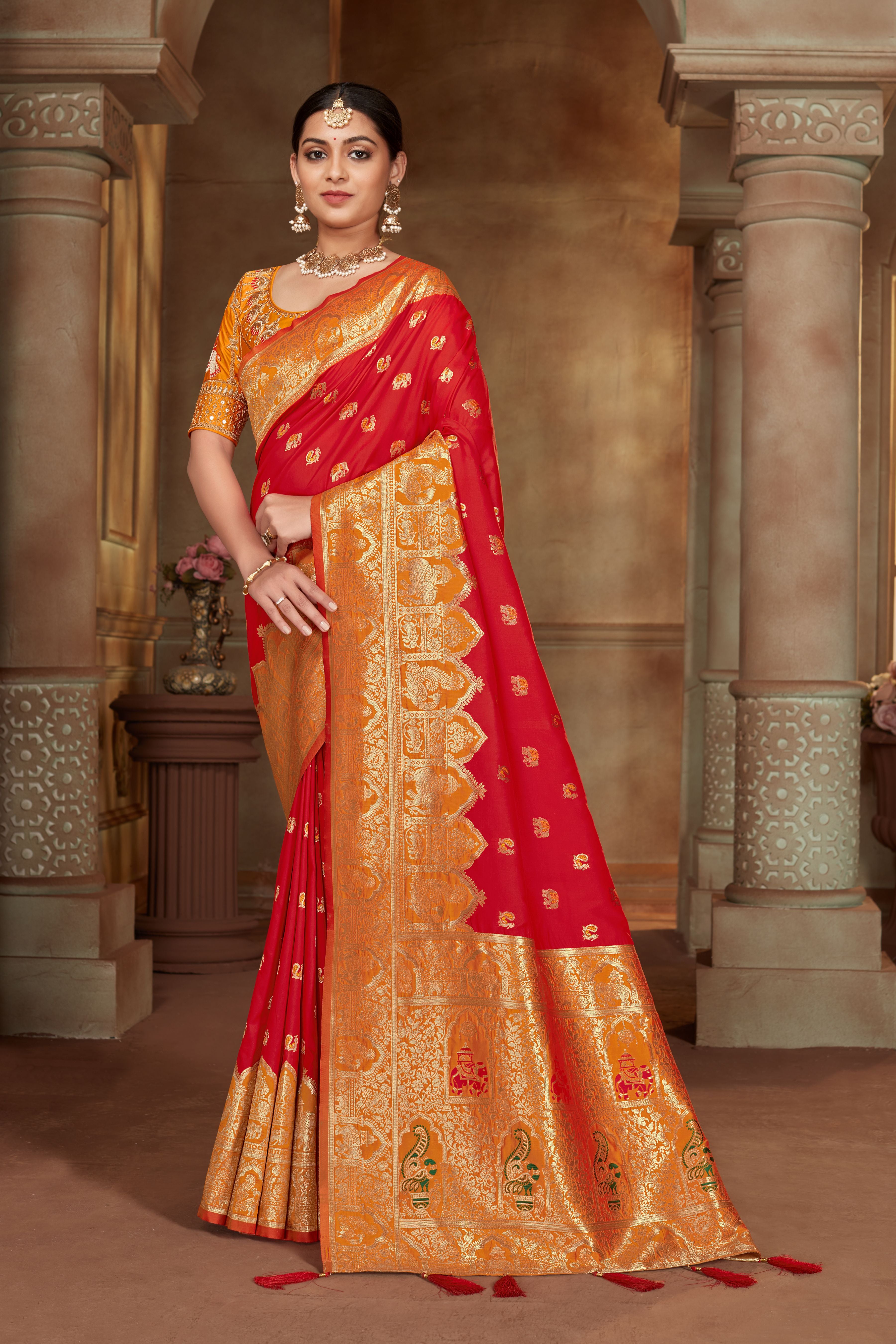 Women's Red Color Banarasi Silk Woven Tradtional Saree With Heavy work Blouse - Monjolika