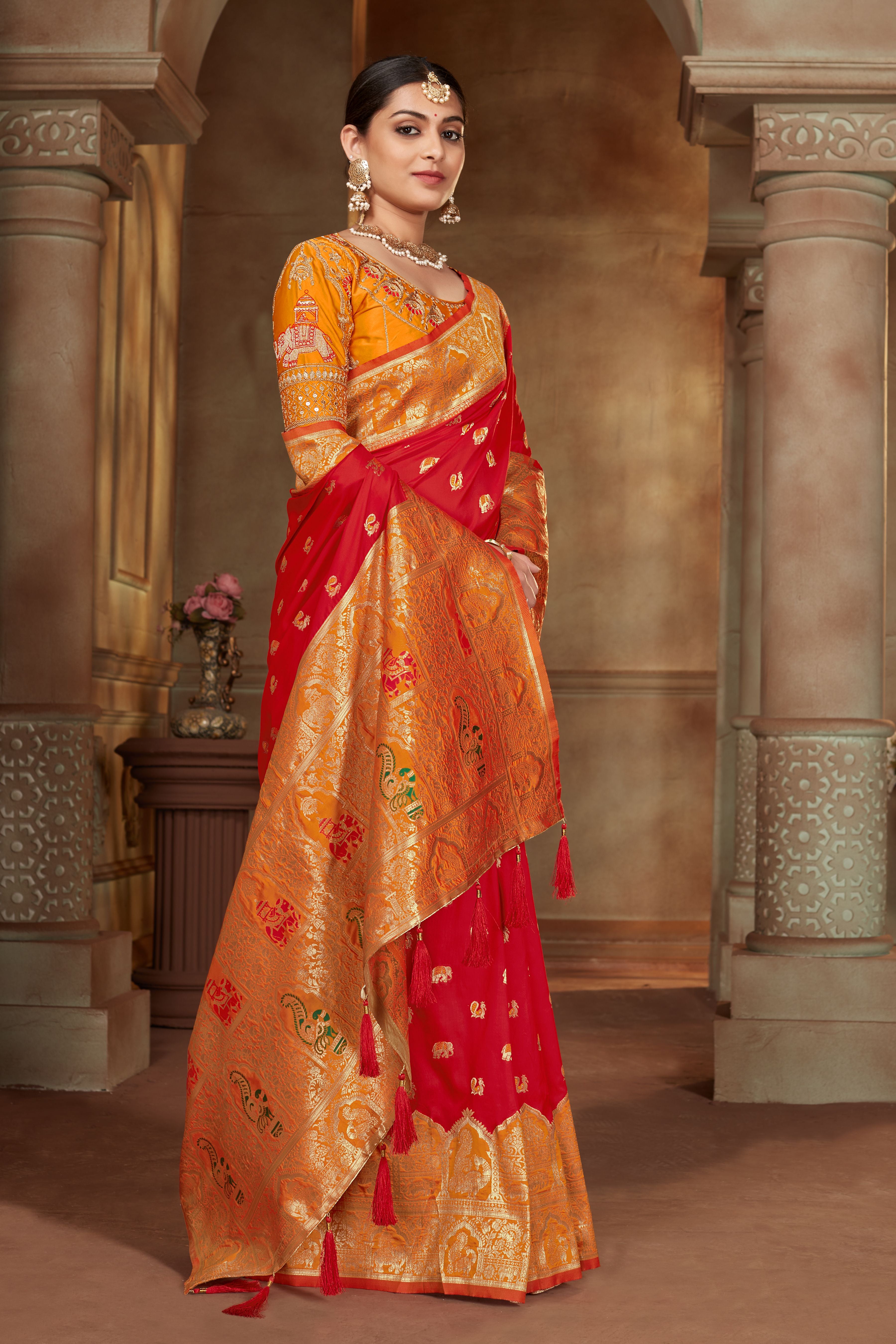Women's Red Color Banarasi Silk Woven Tradtional Saree With Heavy work Blouse - Monjolika