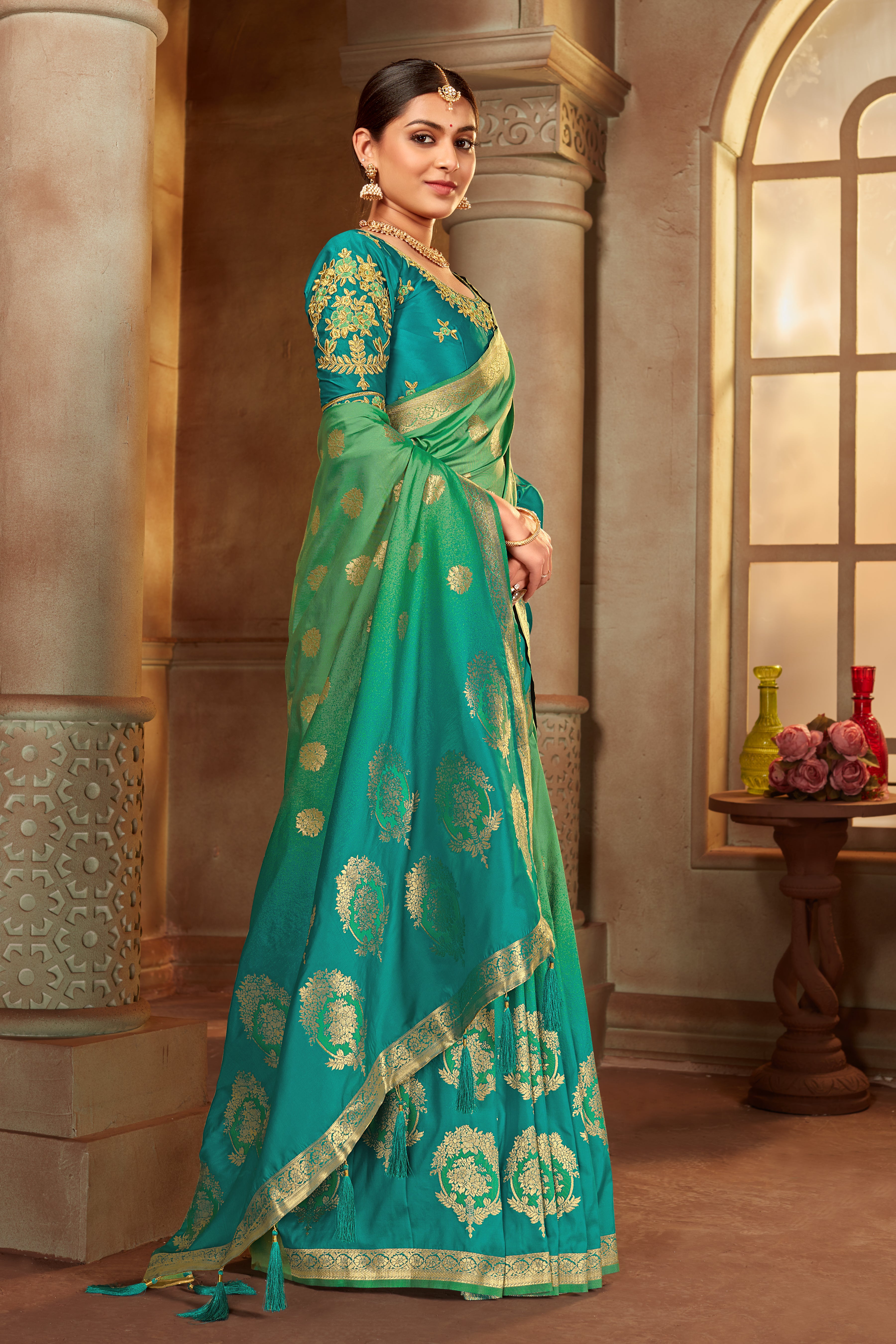 Women's Multi Color Banarasi Silk Woven Tradtional Saree With Heavy work Blouse - Monjolika