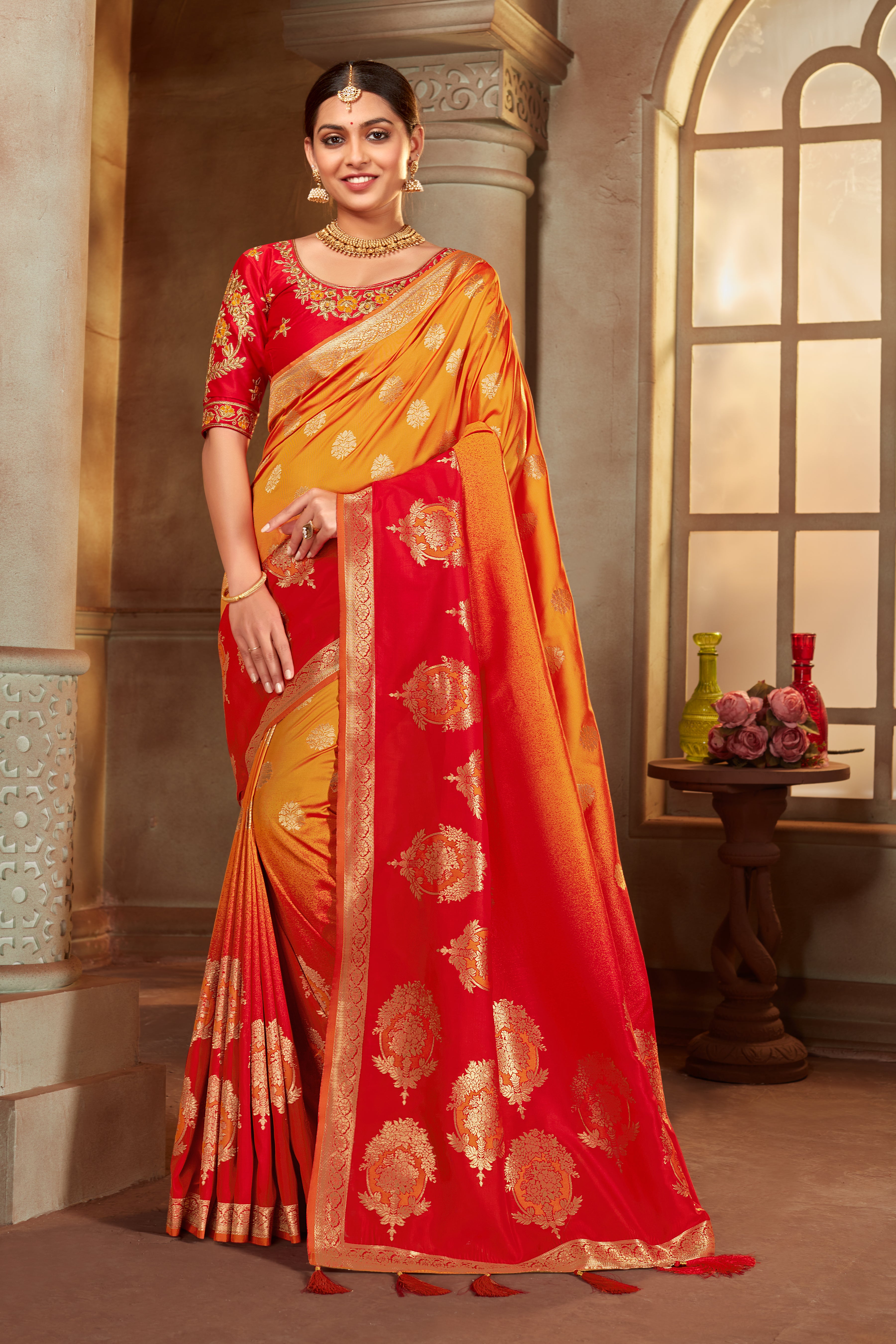 Women's Red and orange Color Banarasi Silk Woven Tradtional Saree With Heavy work Blouse - Monjolika