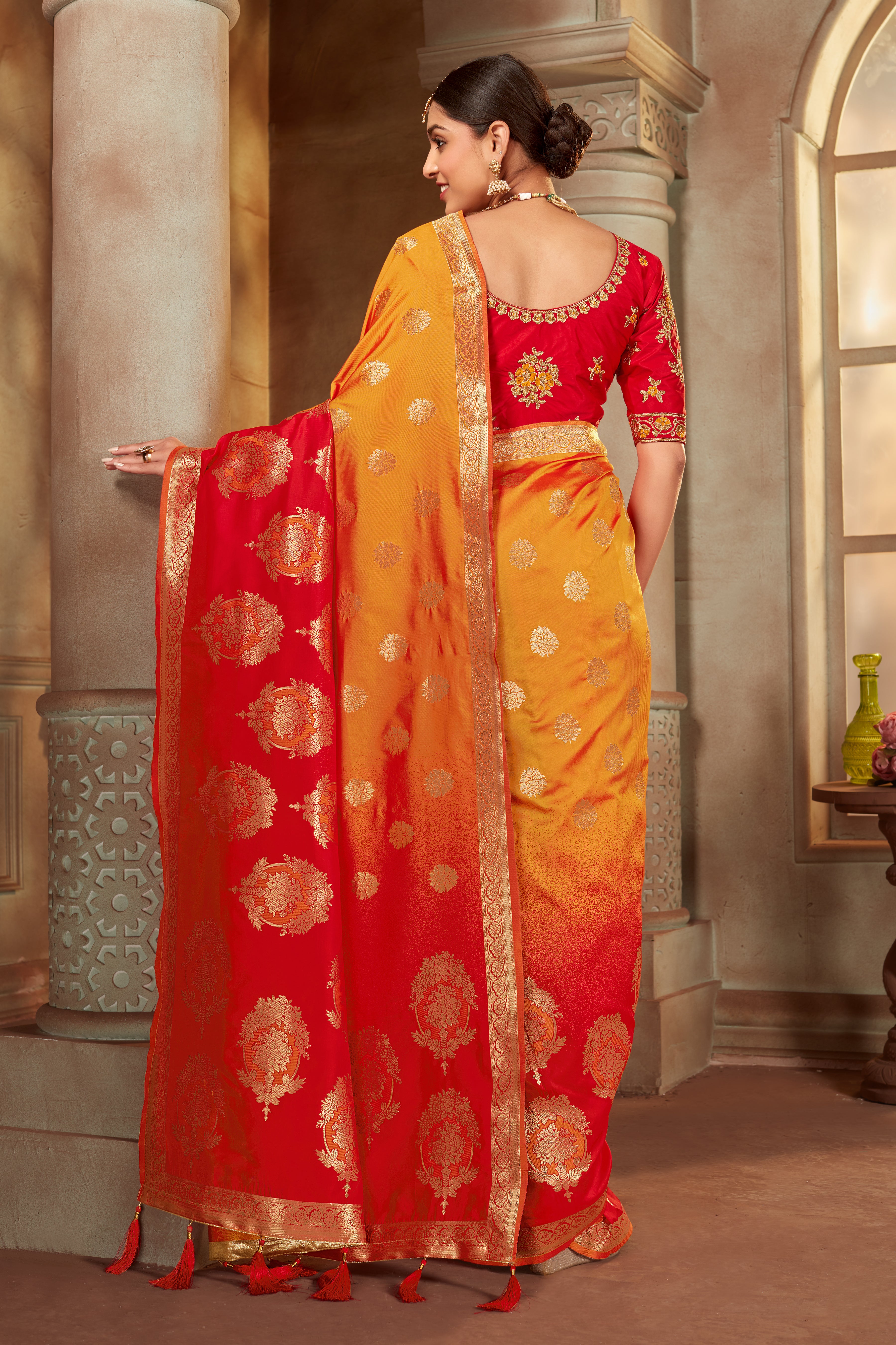 Women's Red and orange Color Banarasi Silk Woven Tradtional Saree With Heavy work Blouse - Monjolika