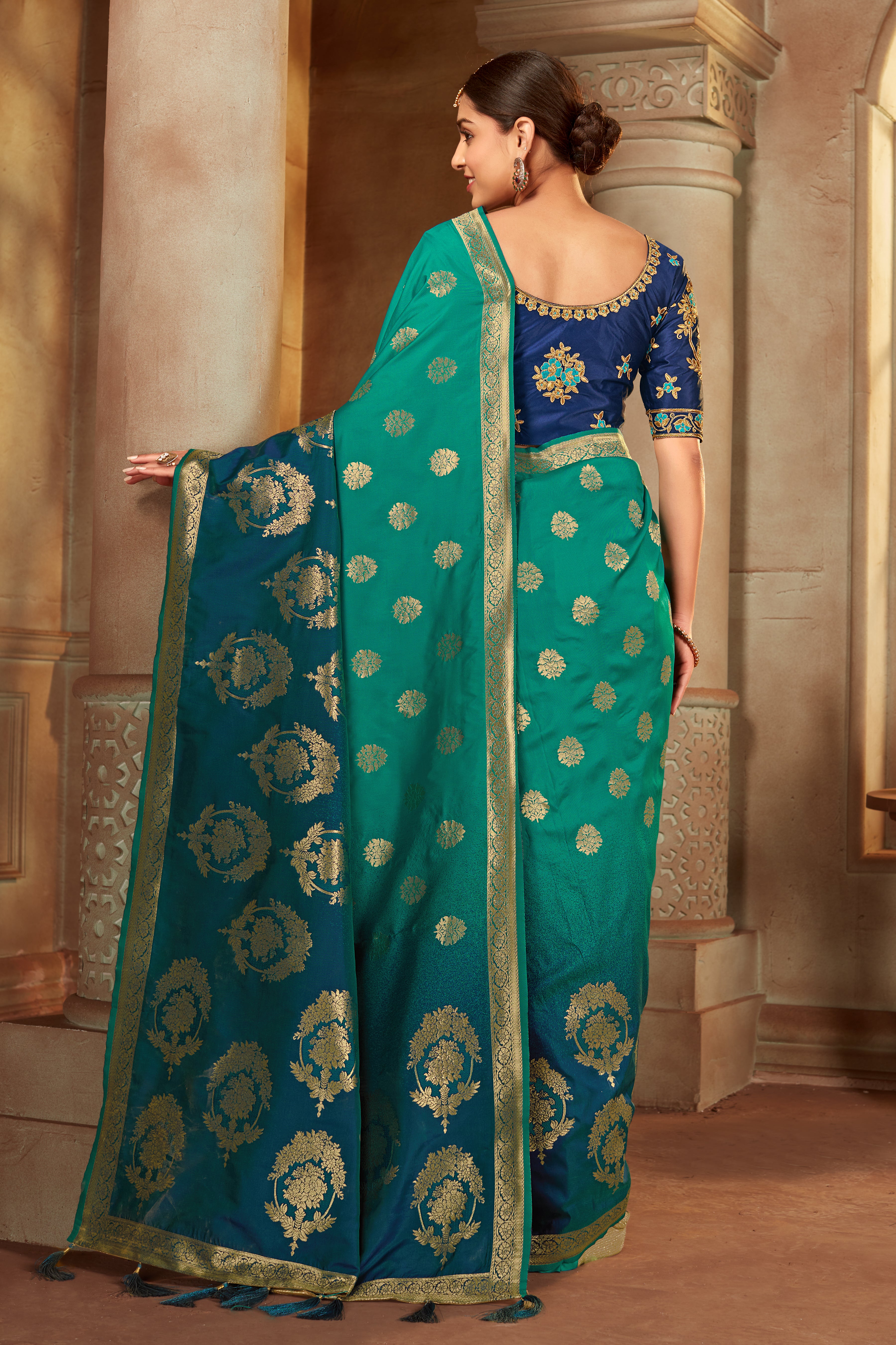 Women's Multi Color Banarasi Silk Woven Tradtional Saree With Heavy work Blouse - Monjolika