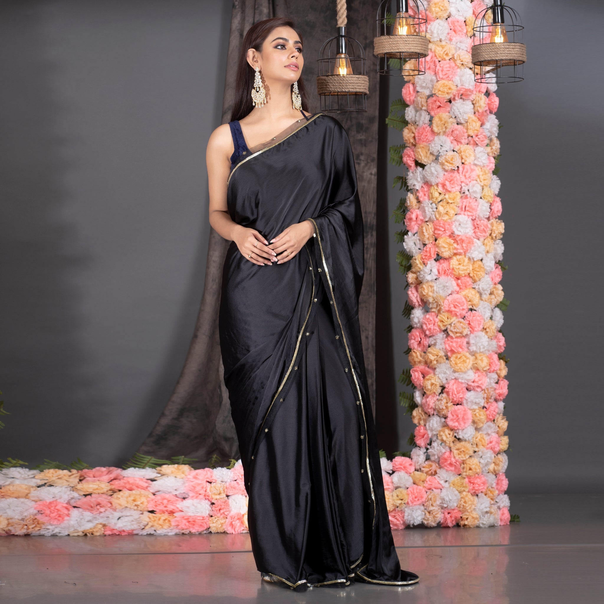 Women's Black Satin Saree With Embroidered Border - Boveee