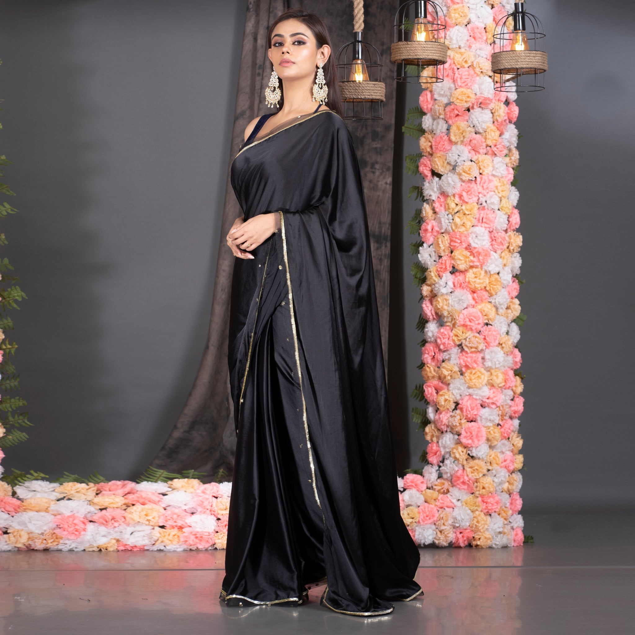 Buy Black Saree In Satin With Embroidered Lower Bottom And Pallu KALKI  Fashion India