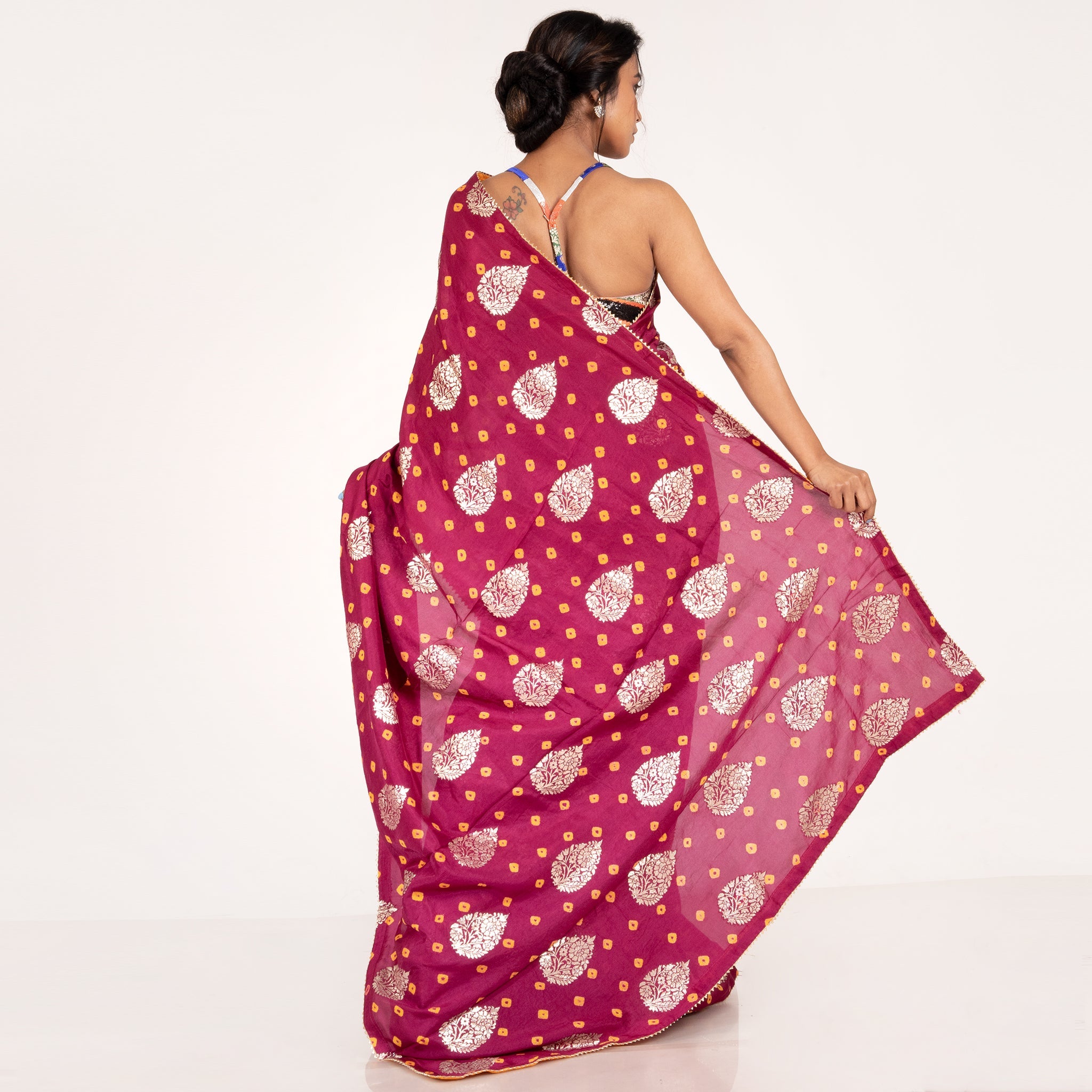 Women's Wine Soft Silk With Bandhej And Zari Motifs - Boveee