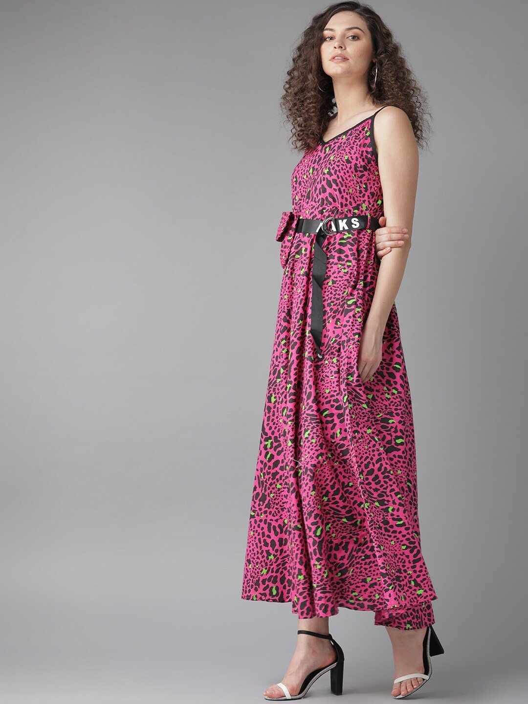 Women's  Pink & Black Animal Printed Maxi Dress - AKS