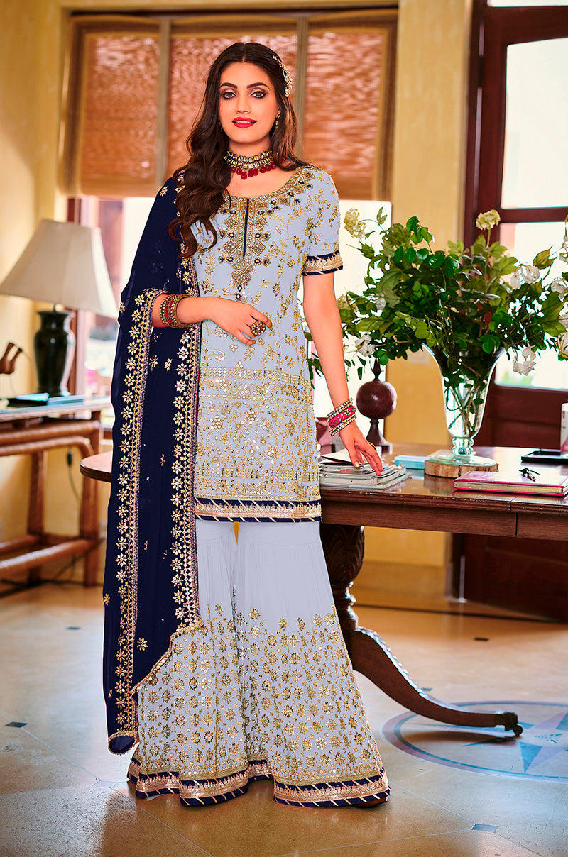 Women's Light blue color Georgette Embroidered Palazzo suit - Monjolika