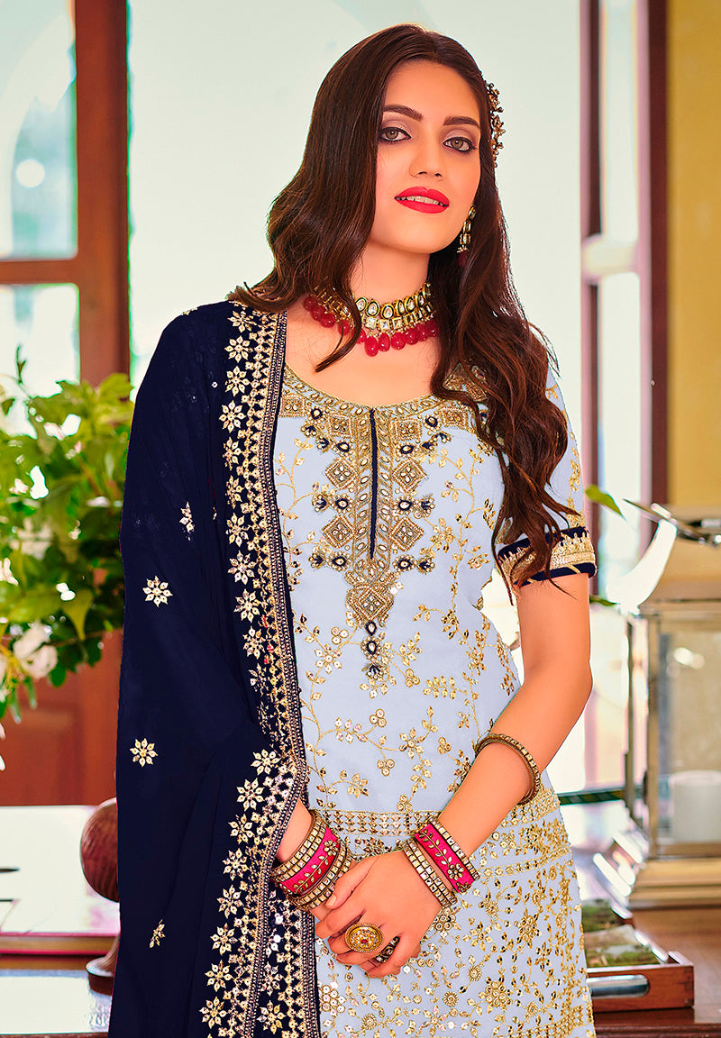 Women's Light blue color Georgette Embroidered Palazzo suit - Monjolika