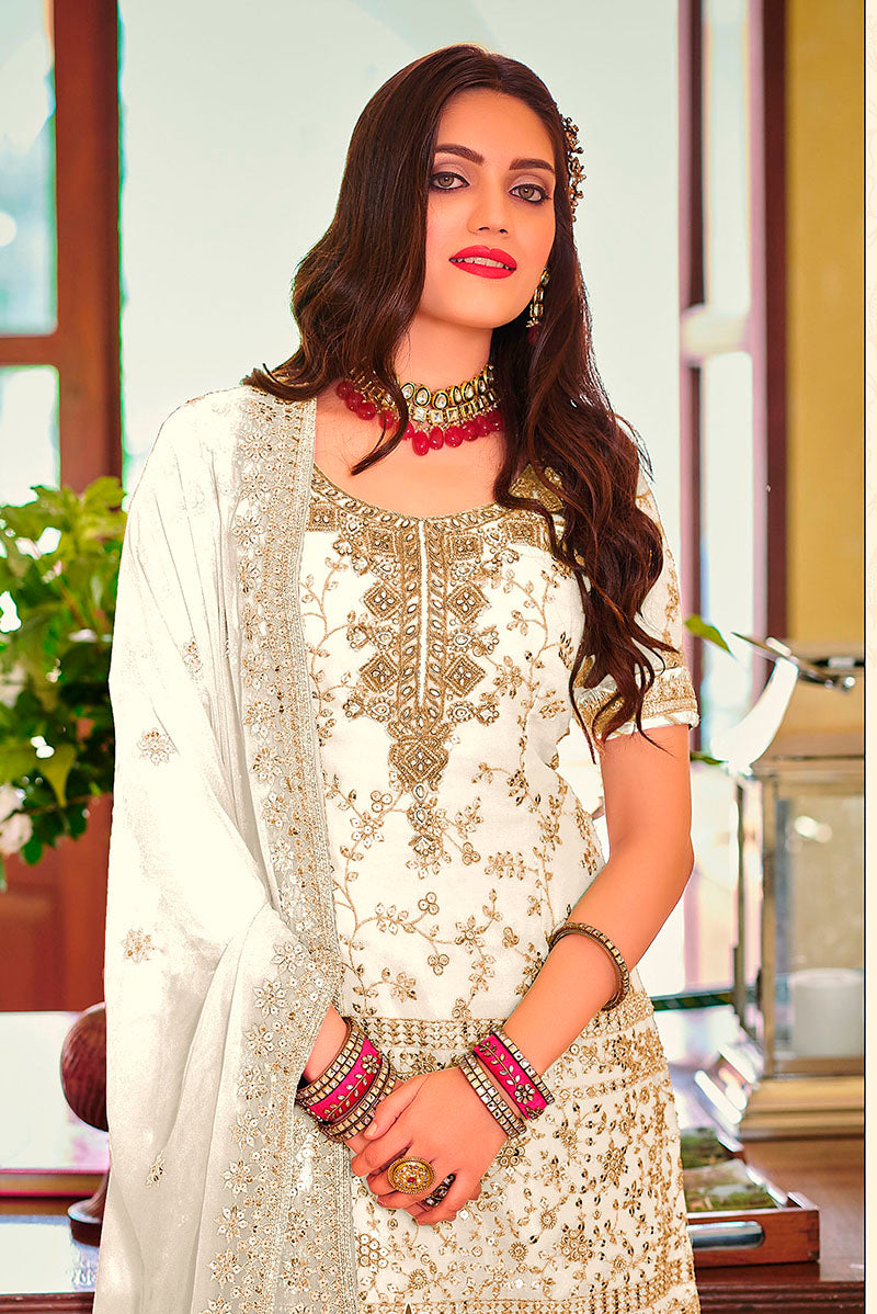 Women's Off White color Georgette Embroidered Palazzo suit - Monjolika