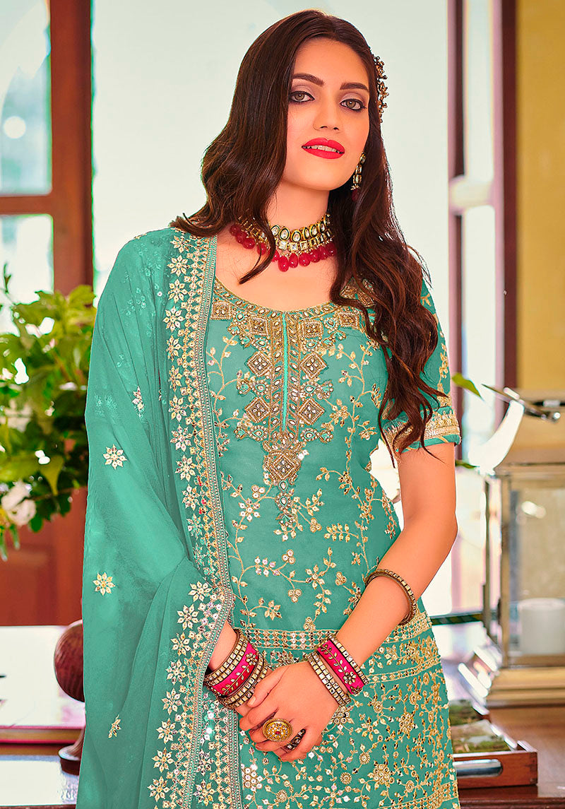 Women's Turquoise color Georgette Embroidered Palazzo suit - Monjolika
