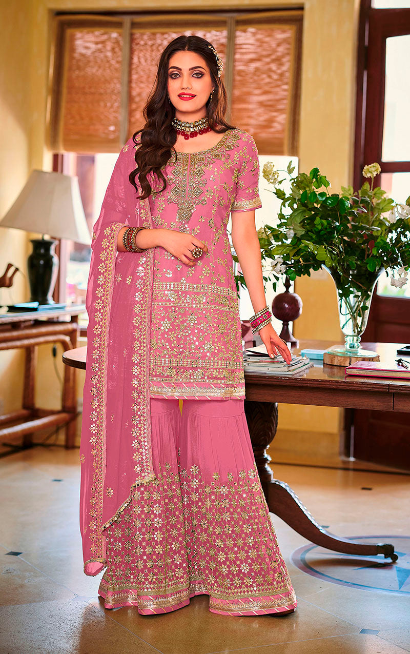 Women's Light Pink color Georgette Embroidered Palazzo suit - Monjolika