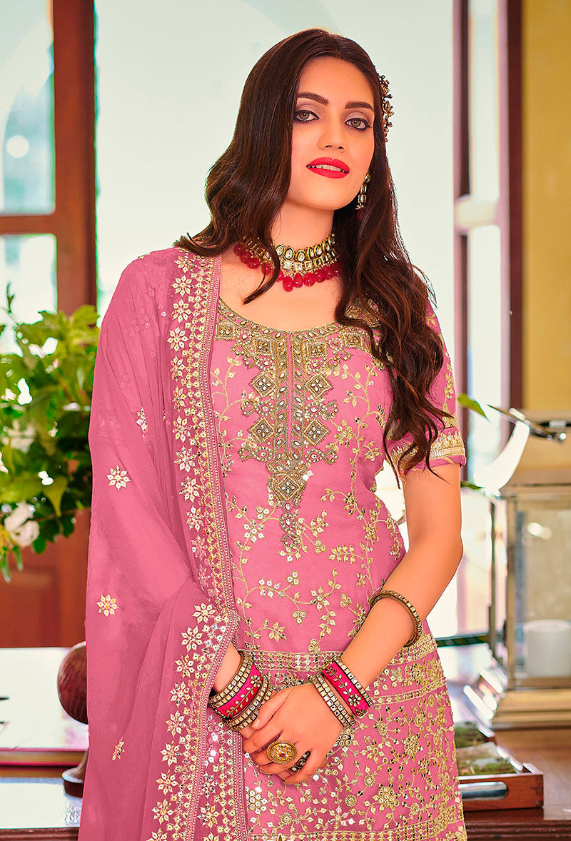 Women's Light Pink color Georgette Embroidered Palazzo suit - Monjolika