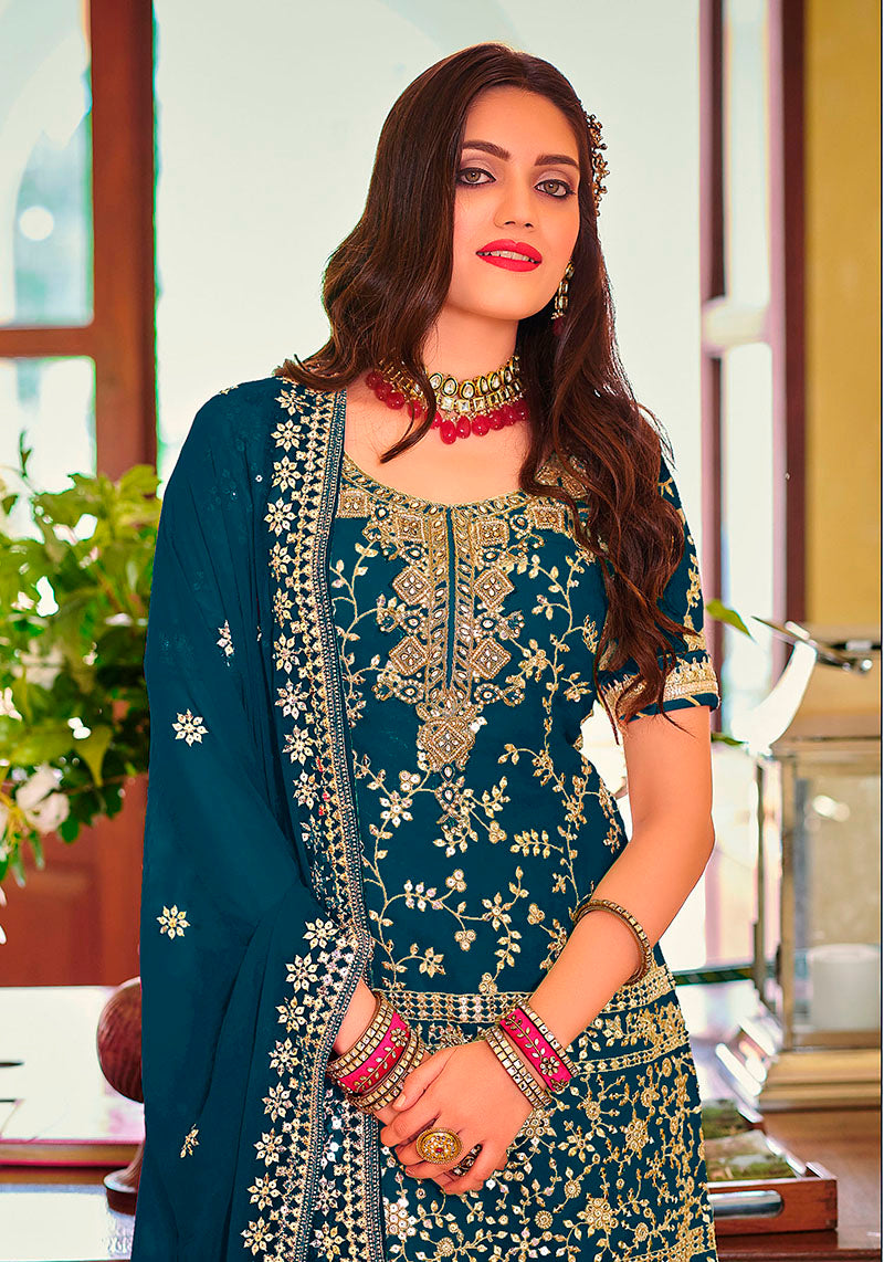 Women's Teal color Georgette Embroidered Palazzo suit - Monjolika