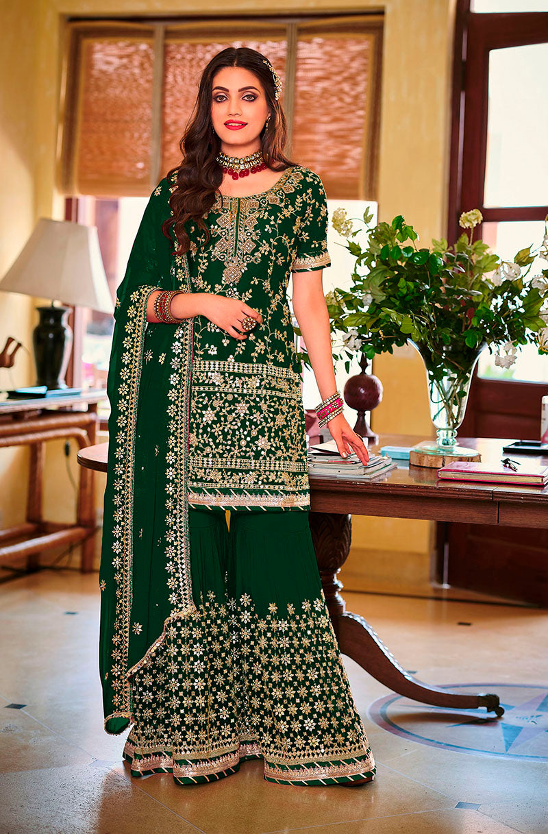 Women's Dark Green color Georgette Embroidered Palazzo suit - Monjolika