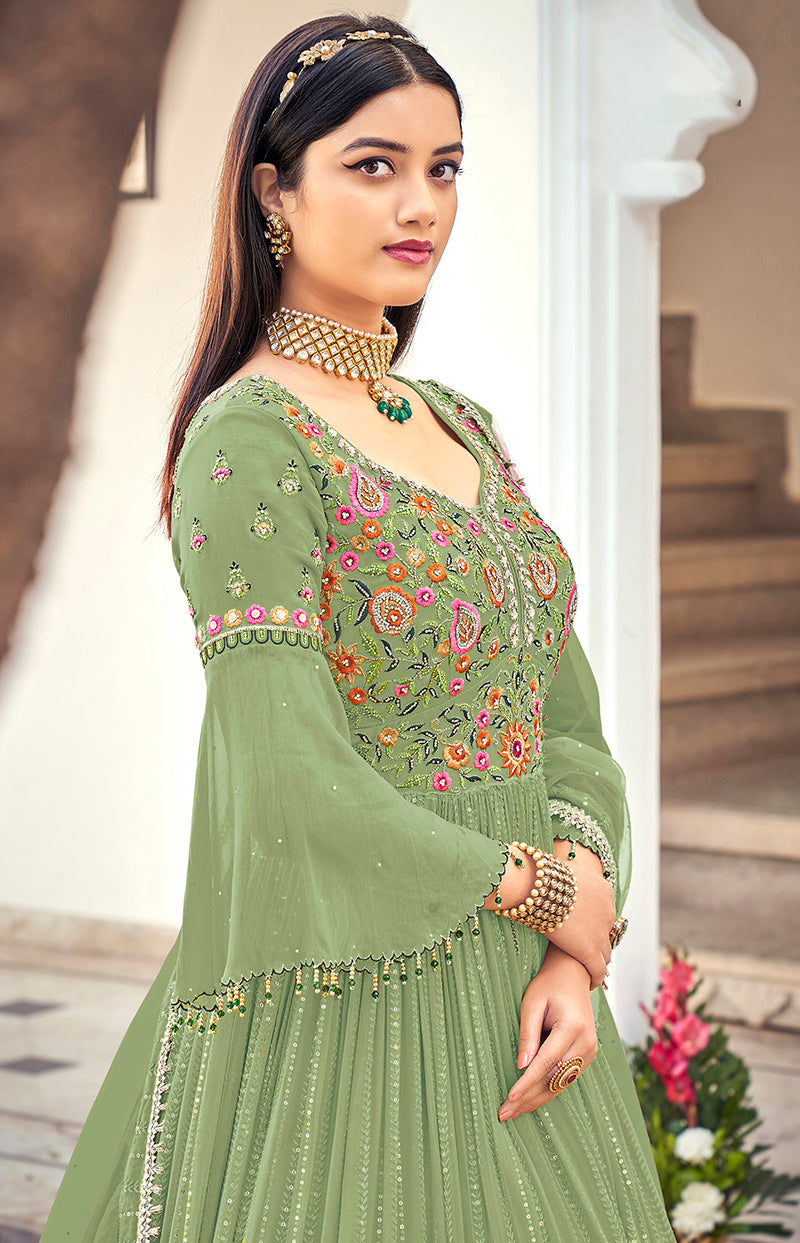 Women's Olive Green Embroidered Mehndi Trendy Salwar Kameez - Monjolika
