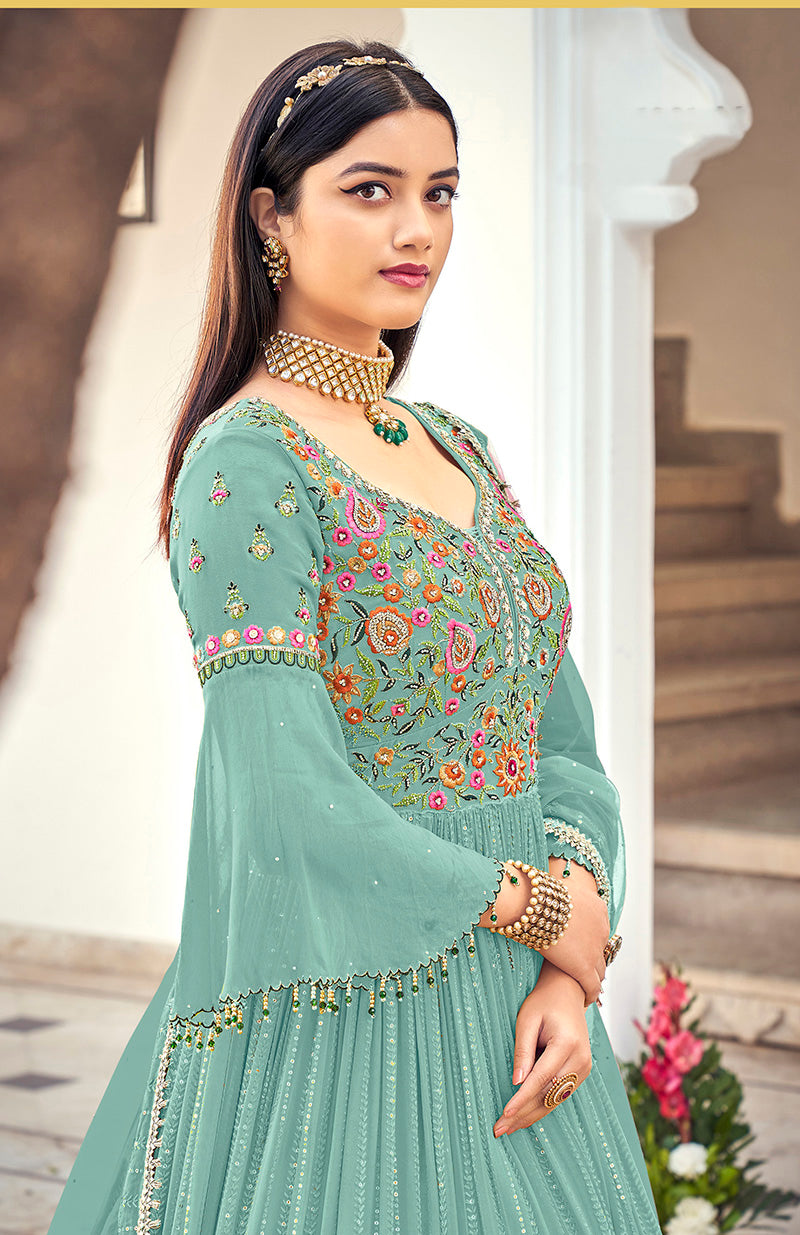 Women's Light blue Embroidered Mehndi Trendy Salwar Kameez - Monjolika