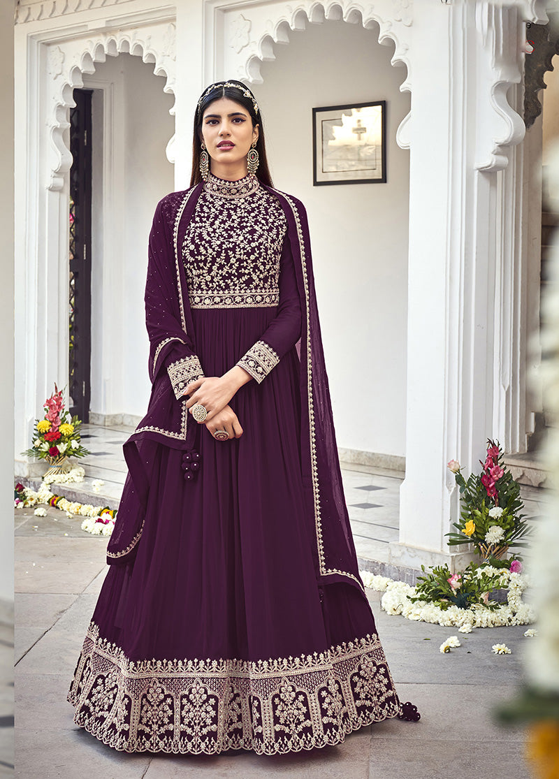 Women's Purple georgette embroidered full length Anarkali suit - Monjolika