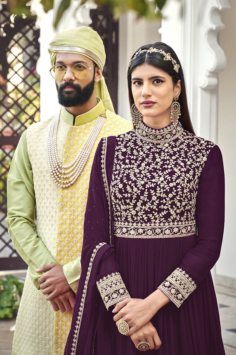 Women's Purple georgette embroidered full length Anarkali suit - Monjolika