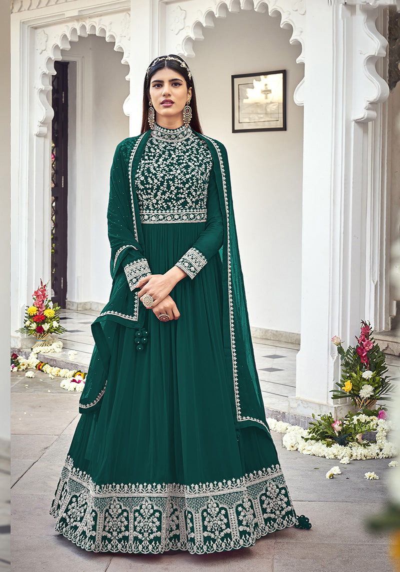 Women's Dark Green georgette embroidered full length Anarkali suit - Monjolika