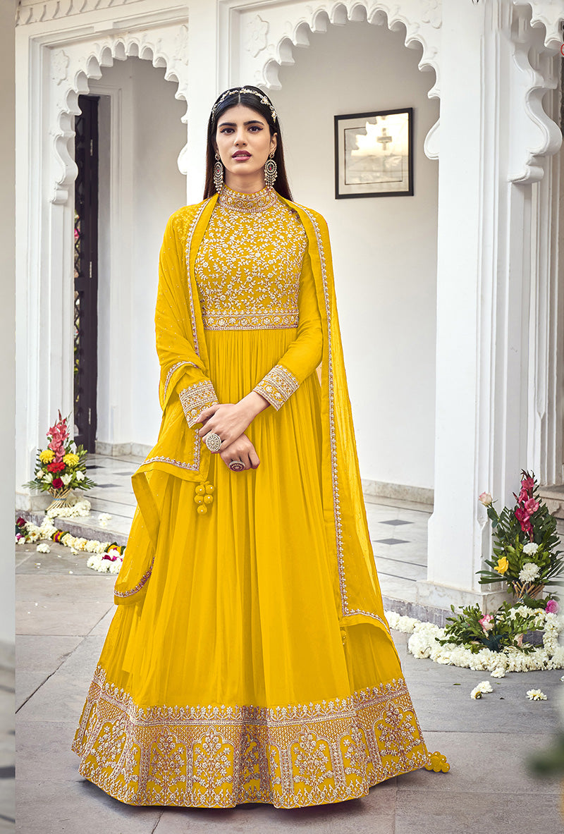 Women's Yellow georgette embroidered full length Anarkali suit - Monjolika