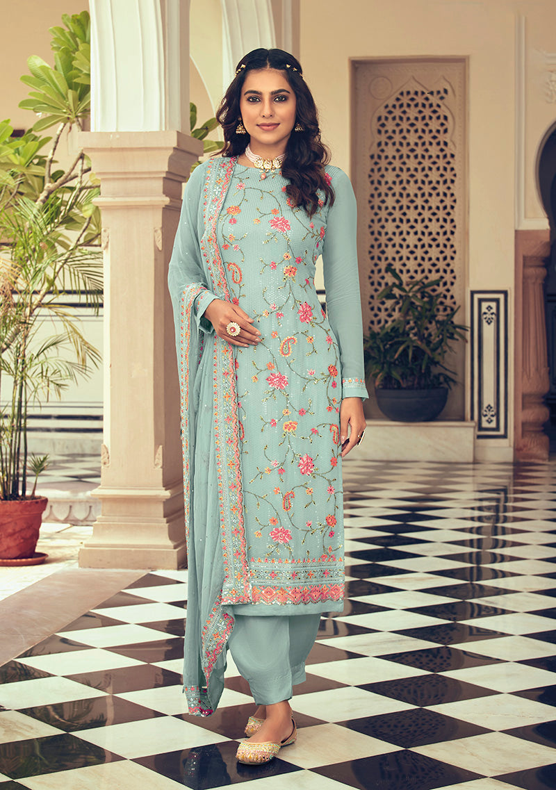 Women's Embroidered Sky blue Color Georgette Trendy Straight Salwar Kameez - Monjolika