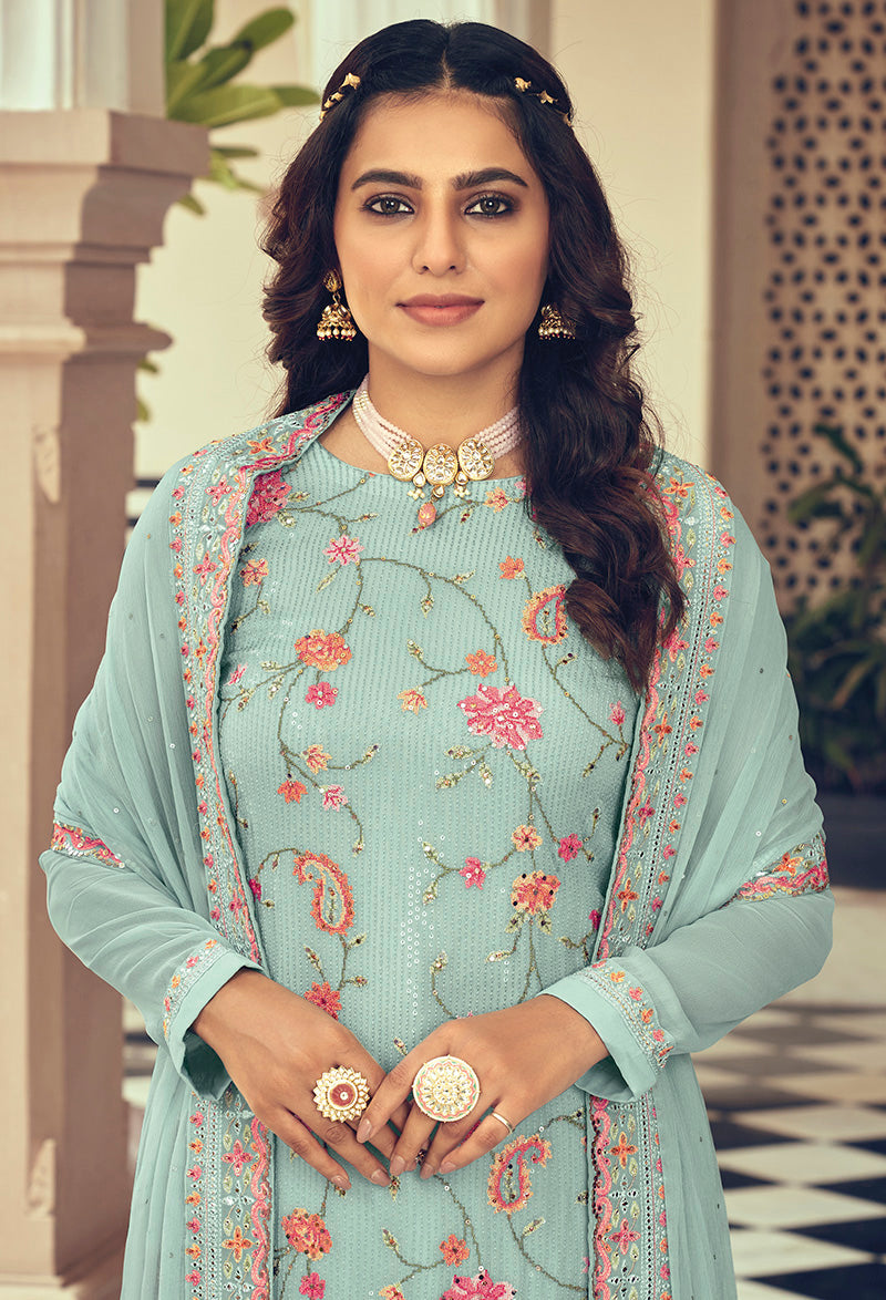 Women's Embroidered Sky blue Color Georgette Trendy Straight Salwar Kameez - Monjolika