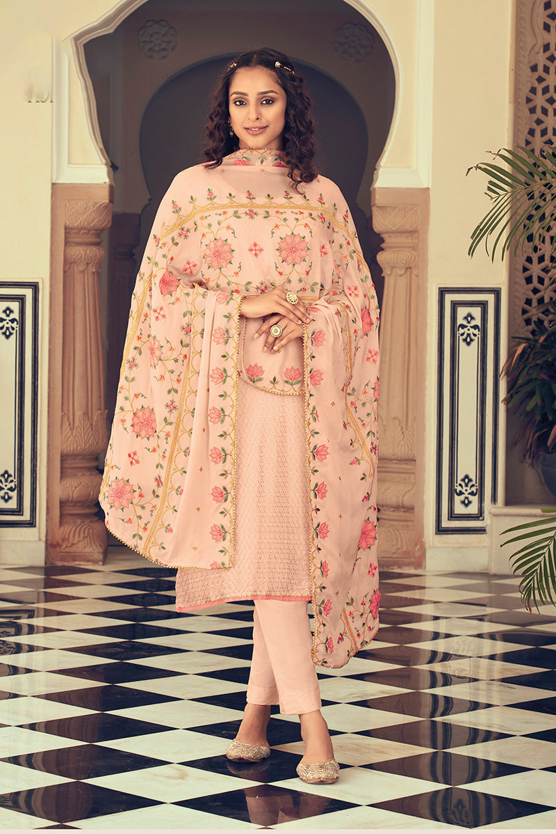 Women's Embroidered Peach Color Georgette Trendy Straight Salwar Kameez - Monjolika