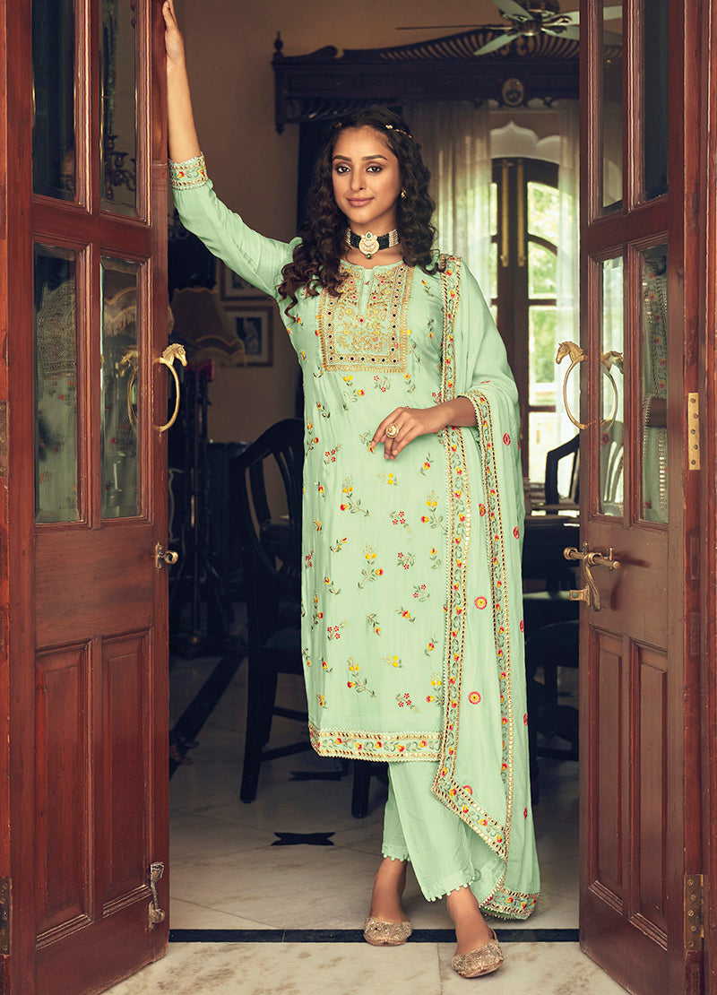 Women's Embroidered Light Sea Green Color Georgette Trendy Straight Salwar Kameez - Monjolika