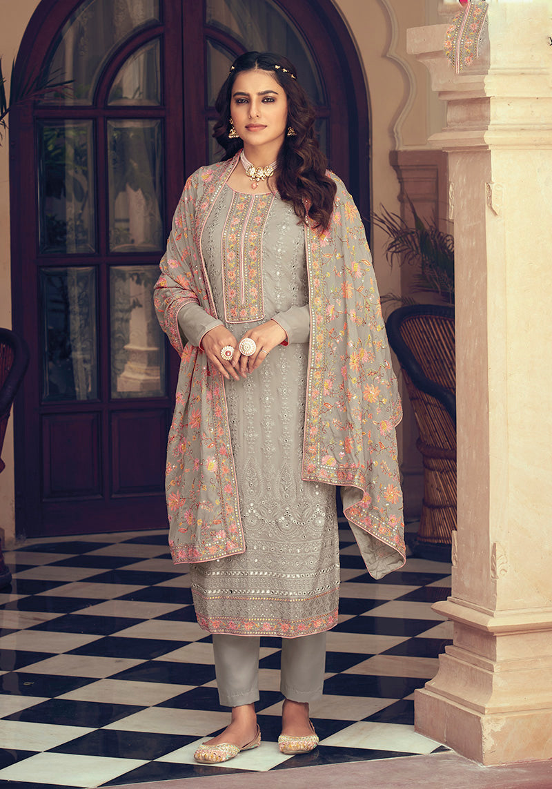 Women's Embroidered Beige Color Georgette Trendy Straight Salwar Kameez - Monjolika