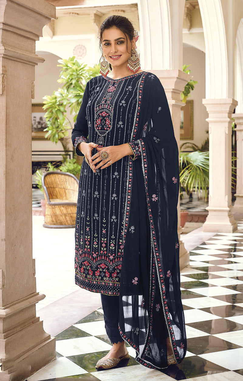 Women's Navy blue Color Georgette Embroidered Straight Suit - Monjolika