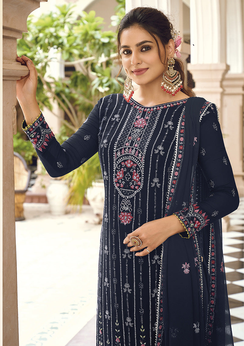 Women's Navy blue Color Georgette Embroidered Straight Suit - Monjolika
