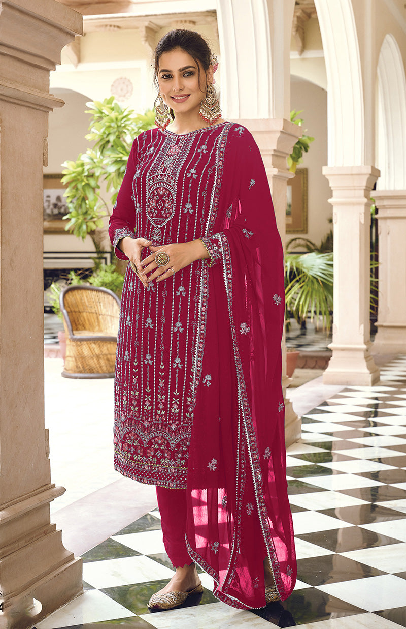 Women's Rani Pink Color Georgette Embroidered Straight Suit - Monjolika