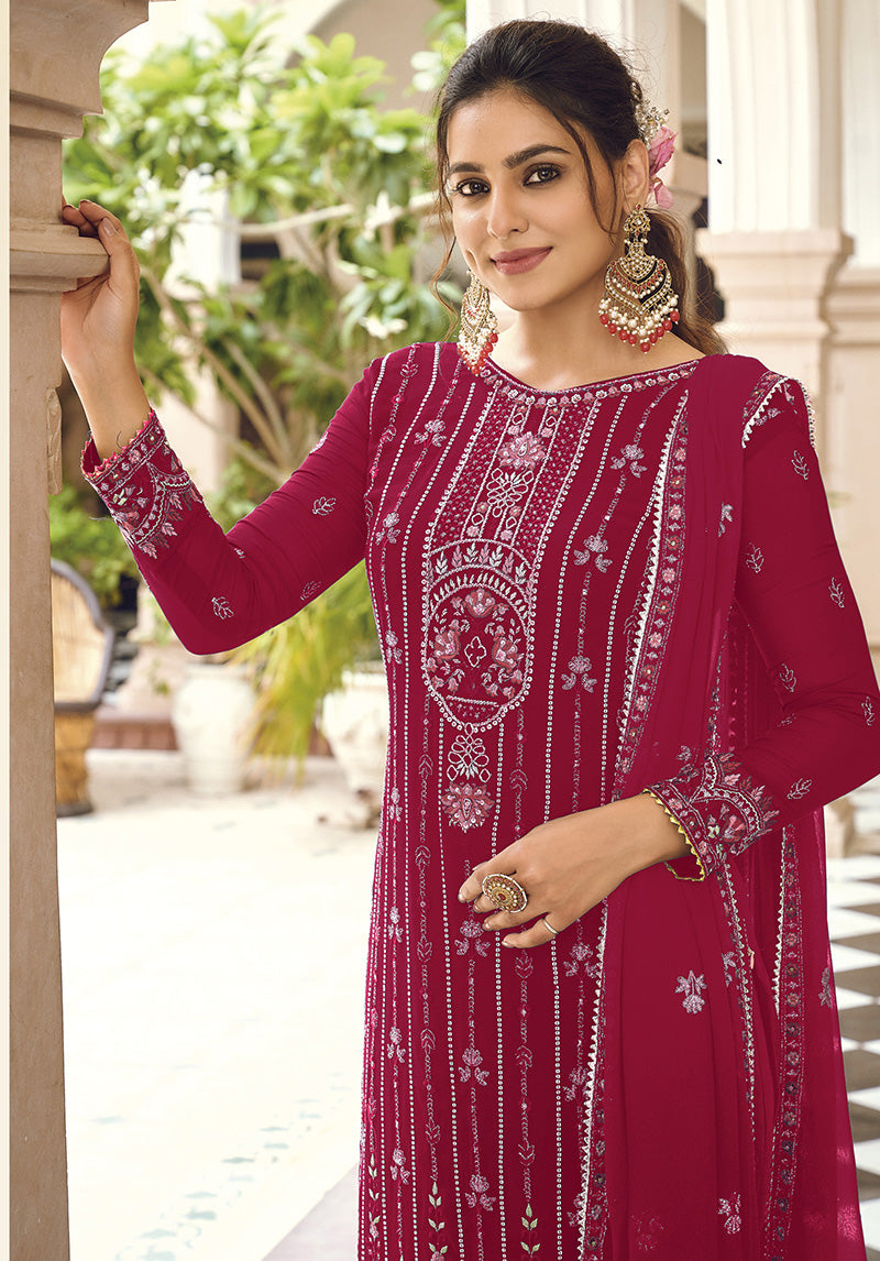 Women's Rani Pink Color Georgette Embroidered Straight Suit - Monjolika
