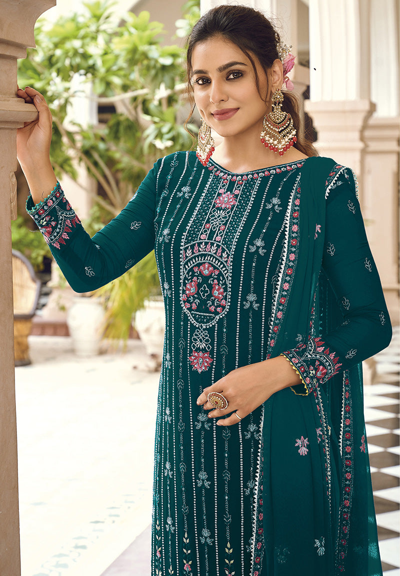 Women's Teal Color Georgette Embroidered Straight Suit - Monjolika