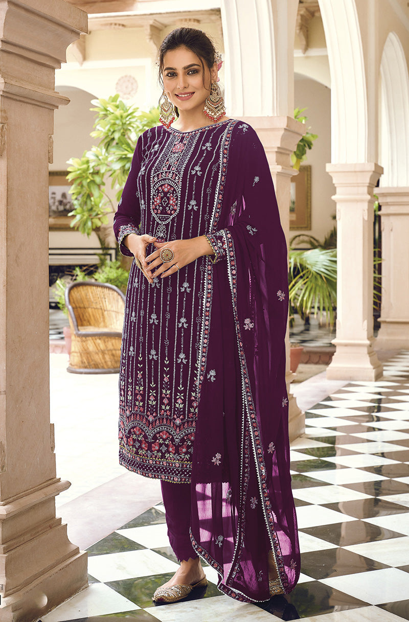 Women's Purple Color Georgette Embroidered Straight Suit - Monjolika