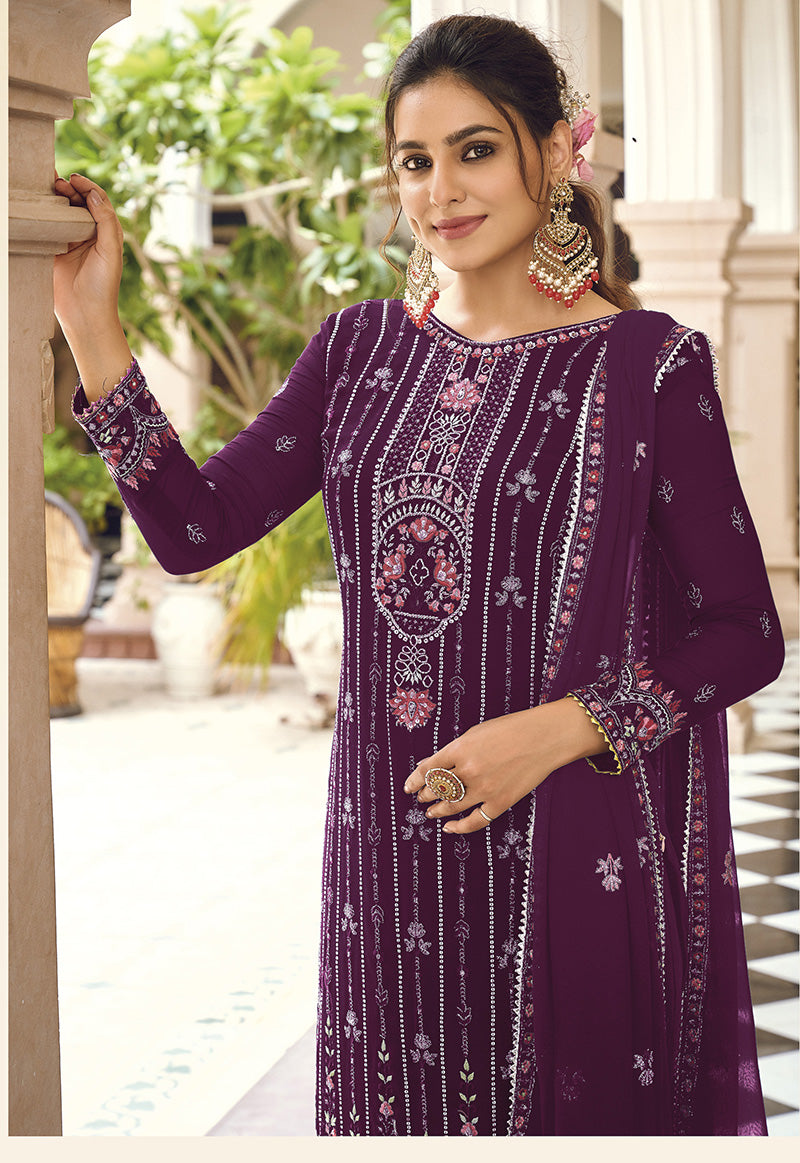Women's Purple Color Georgette Embroidered Straight Suit - Monjolika