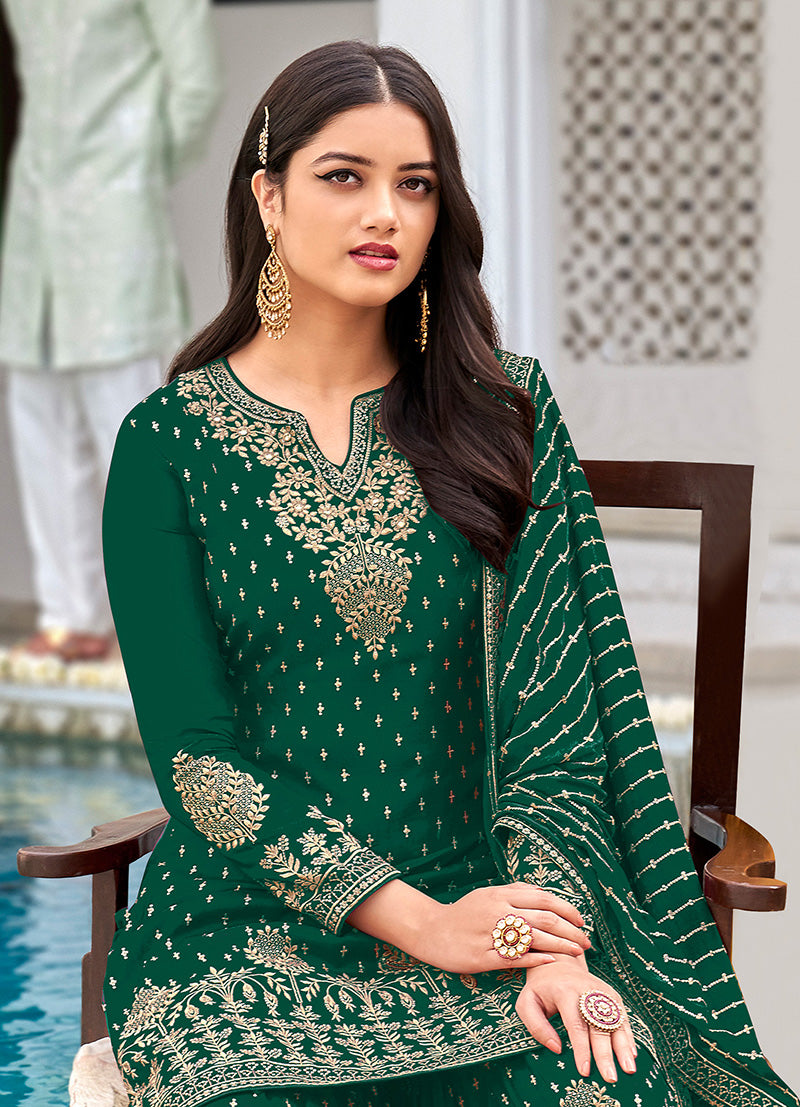 Women's Green Color Georgette Resham Sharara Salwar Kameez - Monjolika