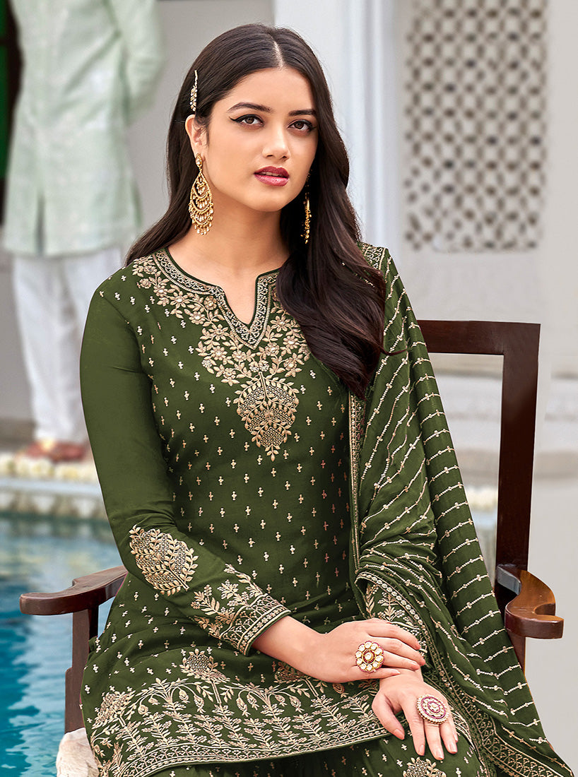 Women's Mehendi Green Color Georgette Resham Sharara Salwar Kameez - Monjolika