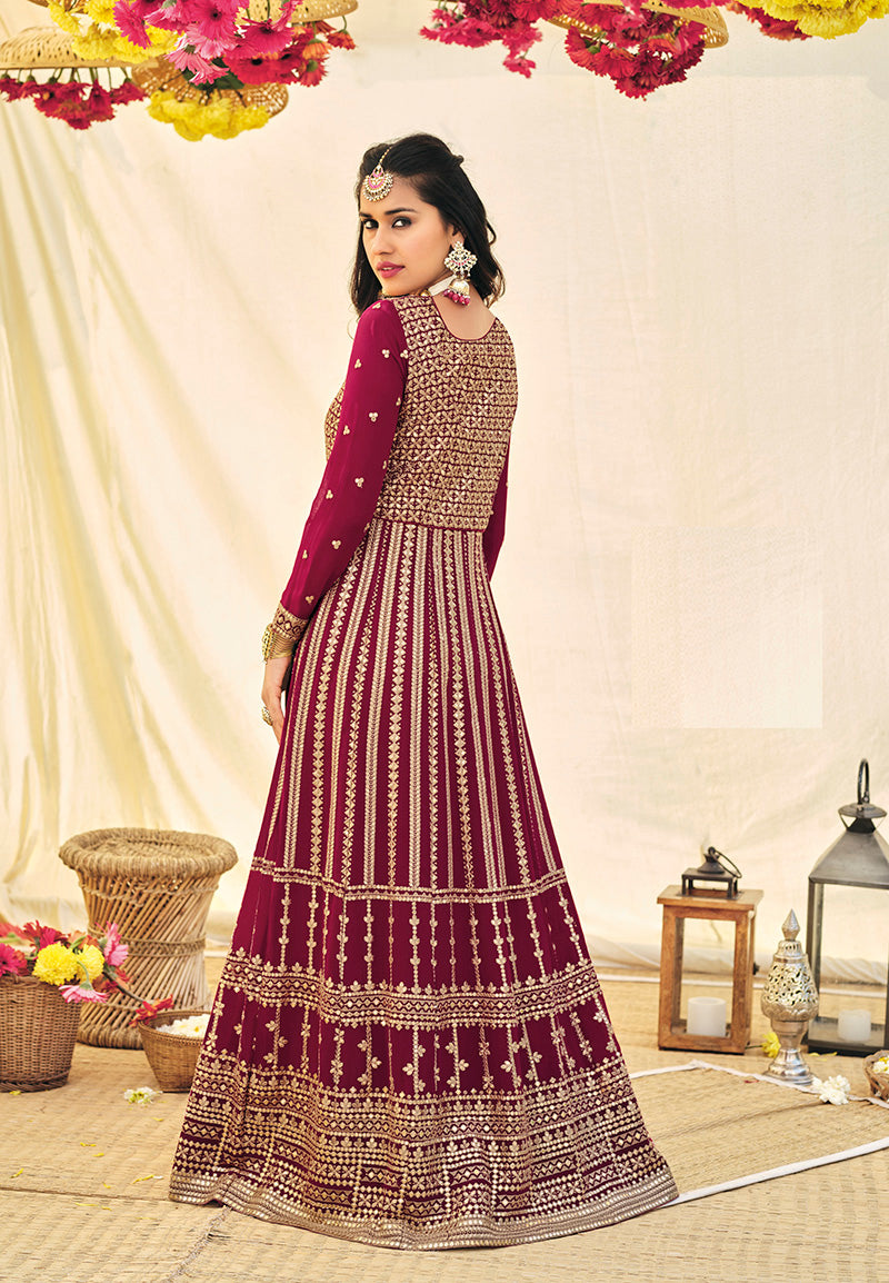 Women's Rani Pink Color Georgette Heavy Work Full Length Anarkali Suit - Monjolika