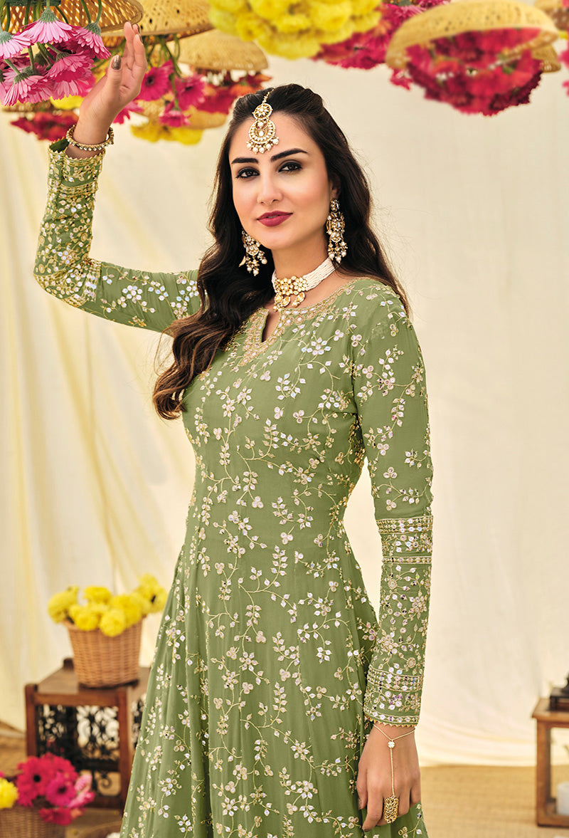 Women's Pista Green Color Georgette Heavy Work Full Length Anarkali Suit - Monjolika