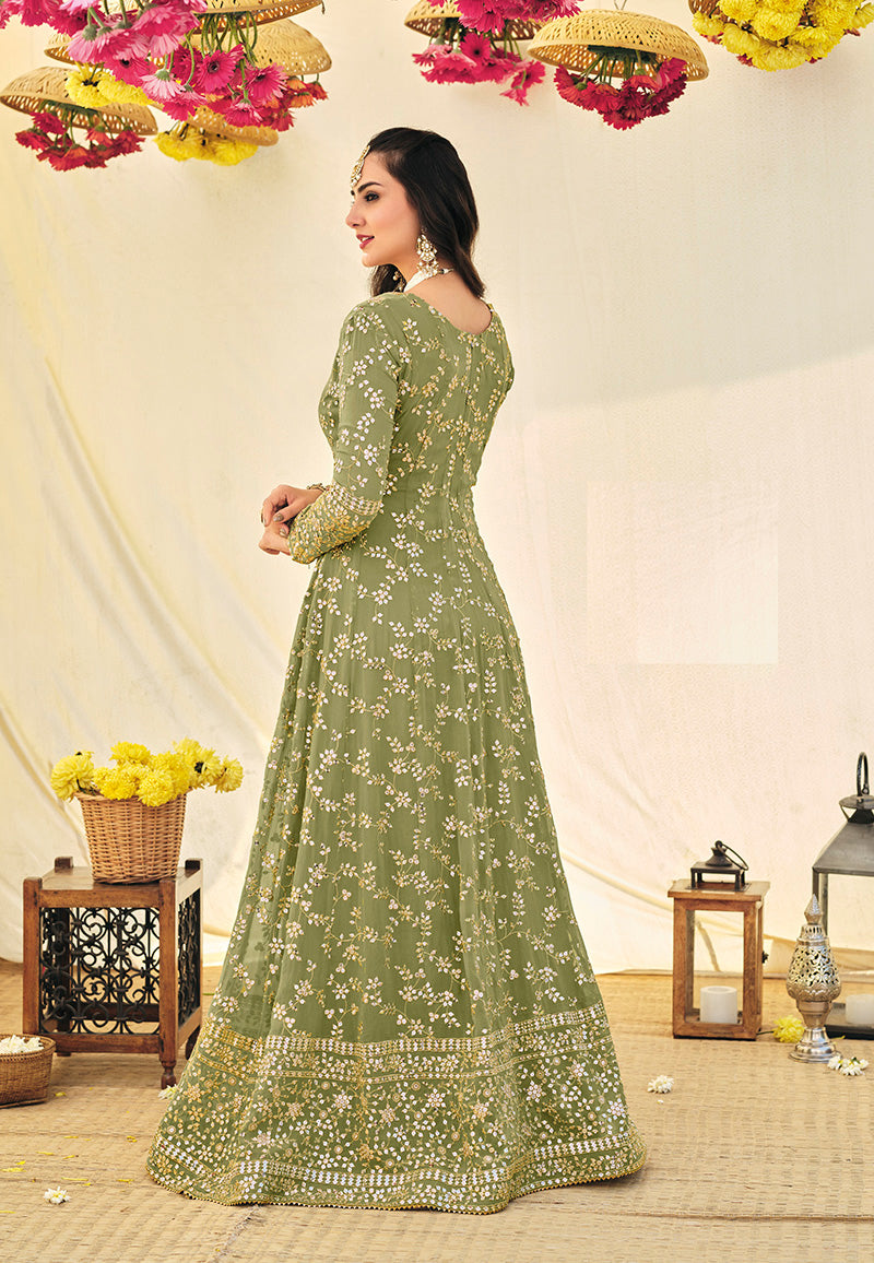 Women's Pista Green Color Georgette Heavy Work Full Length Anarkali Suit - Monjolika
