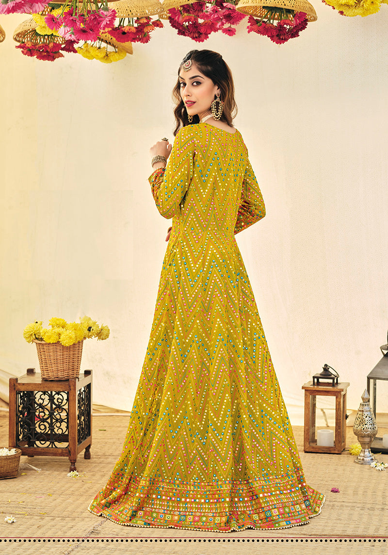 Women's Mustard Color Georgette Heavy Work Full Length Anarkali Suit - Monjolika
