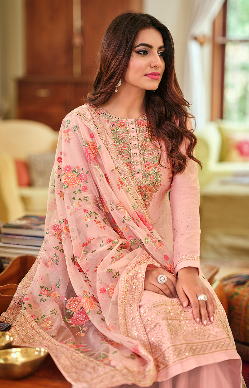 Women's Light Pink Color Viscose Silk Handwork Straight Salwar Suit - Monjolika