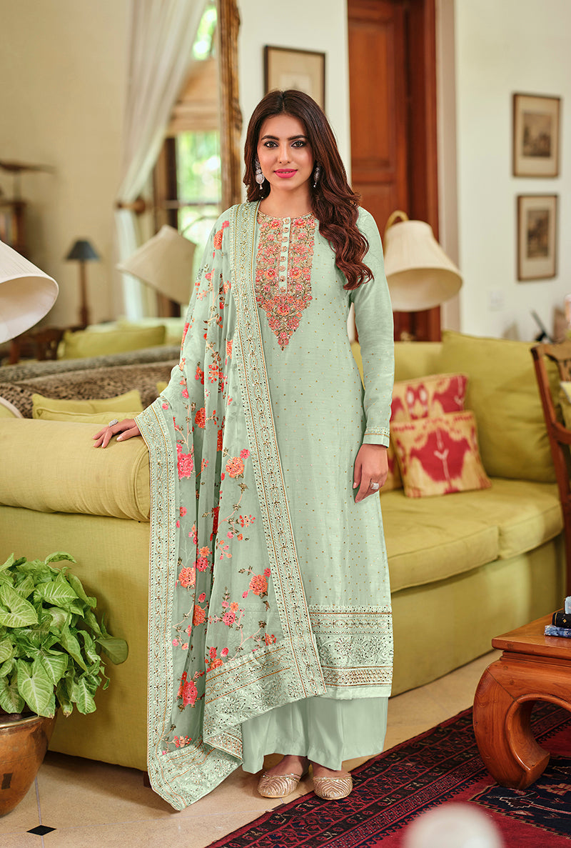 Women's Sea Green Color Viscose Silk Handwork Straight Salwar Suit - Monjolika