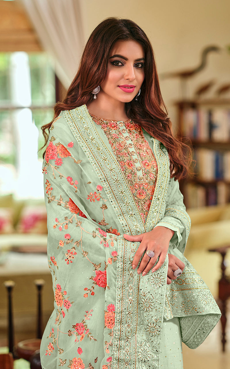Women's Sea Green Color Viscose Silk Handwork Straight Salwar Suit - Monjolika