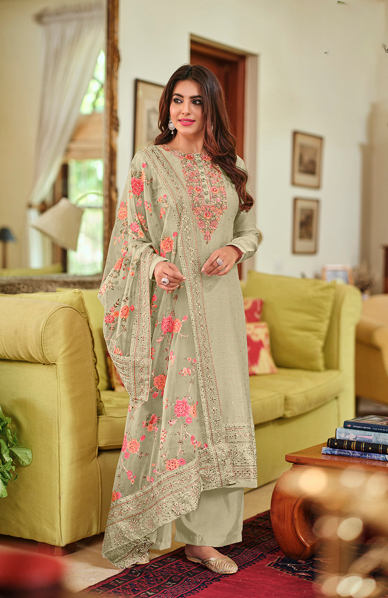 Women's Beige Color Viscose Silk Handwork Straight Salwar Suit - Monjolika